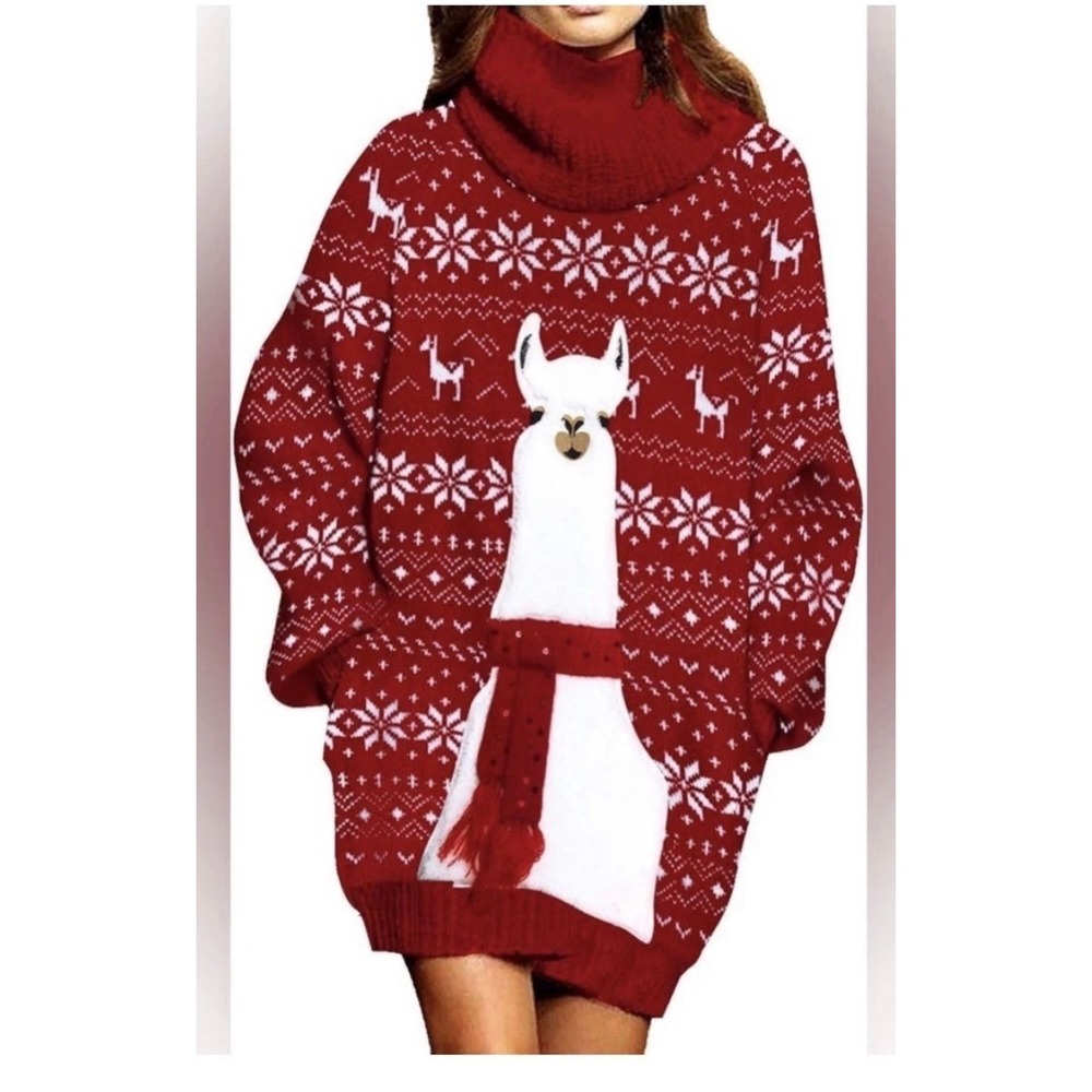 Red Llama Ugly Christmas Sweater Dress Cowl Neck Fair Isle Holiday Large
